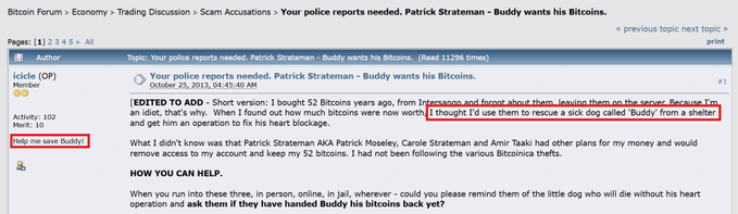 Bitcointalk thread titled Buddy wants his Bitcoins, October 25, 2013